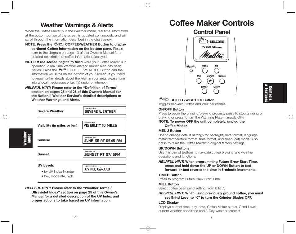 Coffee maker controls, Weather warnings & alerts, Control panel | Toastmaster ME1MSB User Manual | Page 24 / 32