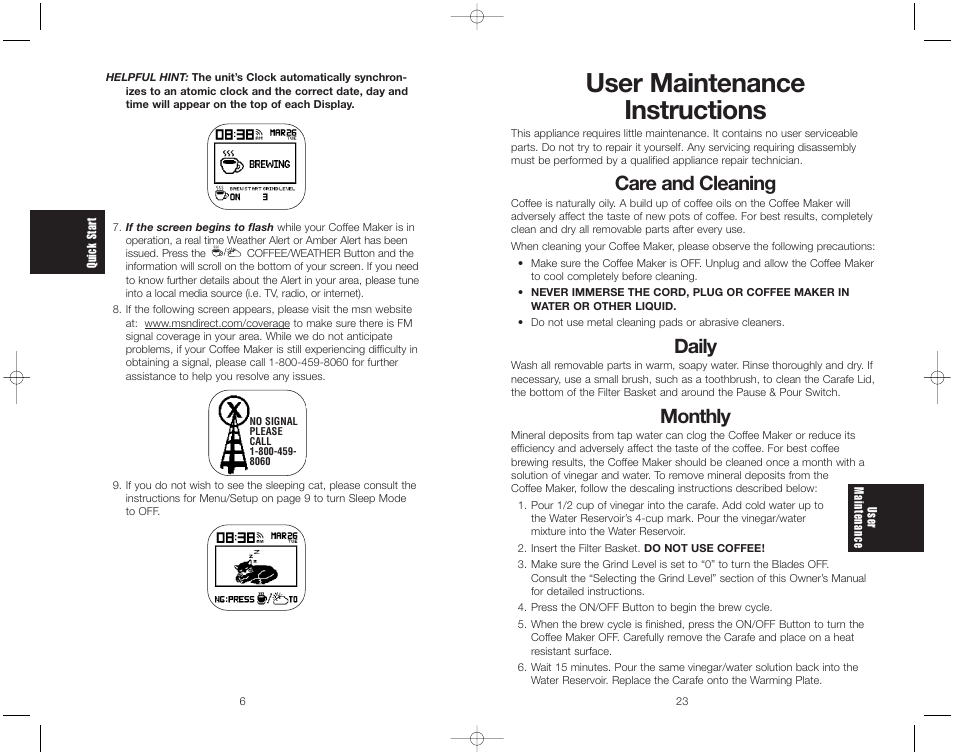 User maintenance instructions, Care and cleaning, Daily | Monthly | Toastmaster ME1MSB User Manual | Page 25 / 32