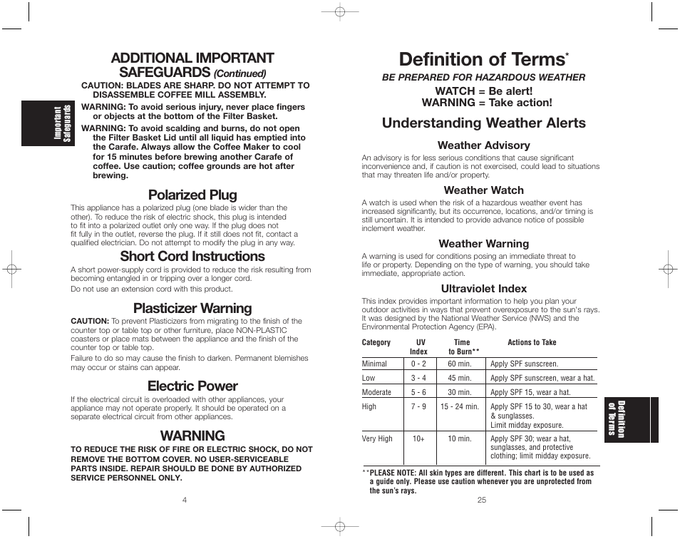 Definition of terms, Understanding weather alerts, Additional important safeguards | Polarized plug, Short cord instructions, Plasticizer warning, Electric power, Warning | Toastmaster ME1MSB User Manual | Page 27 / 32