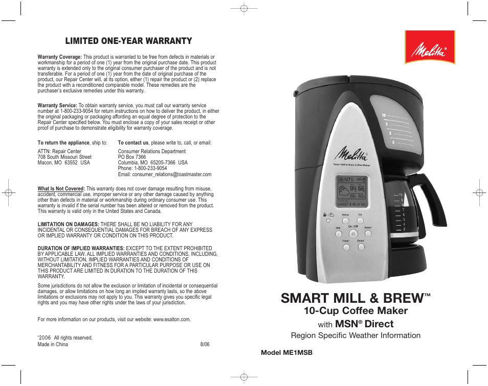 Smart mill & brew, Cup coffee maker, Direct | Limited one-year warranty | Toastmaster ME1MSB User Manual | Page 32 / 32