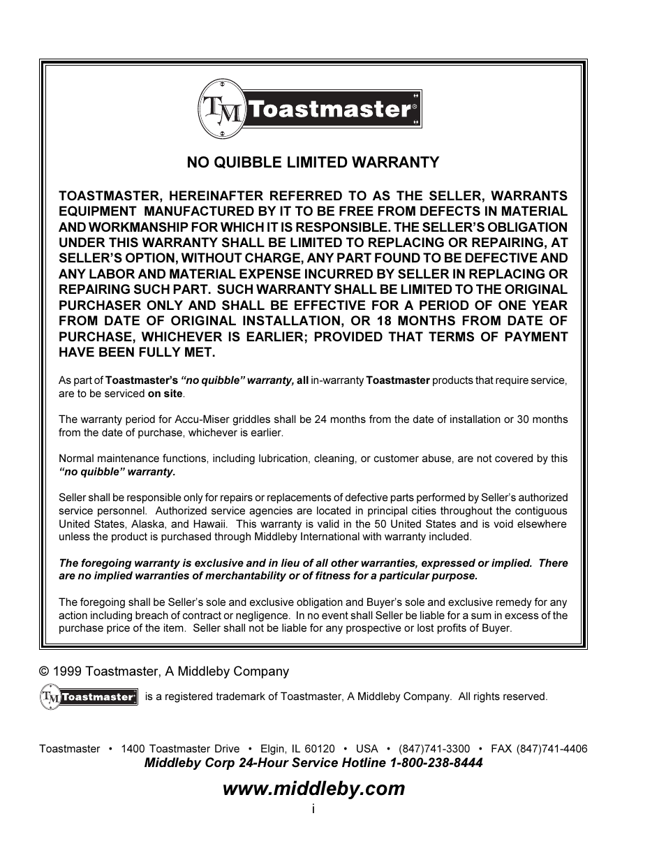 No quibble limited warranty | Toastmaster TW240 User Manual | Page 2 / 12