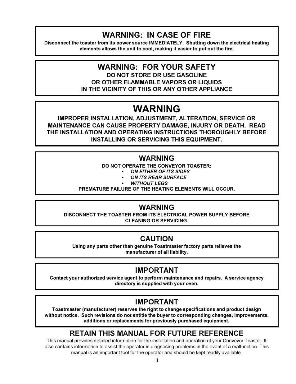 Warning, Warning: in case of fire, Warning: for your safety | Caution, Important, Retain this manual for future reference | Toastmaster TW240 User Manual | Page 3 / 12
