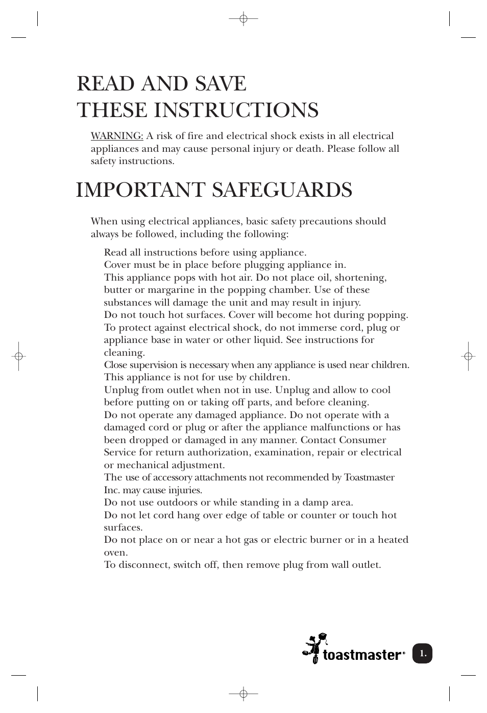 Read and save these instructions, Important safeguards | Toastmaster 6202 User Manual | Page 2 / 10