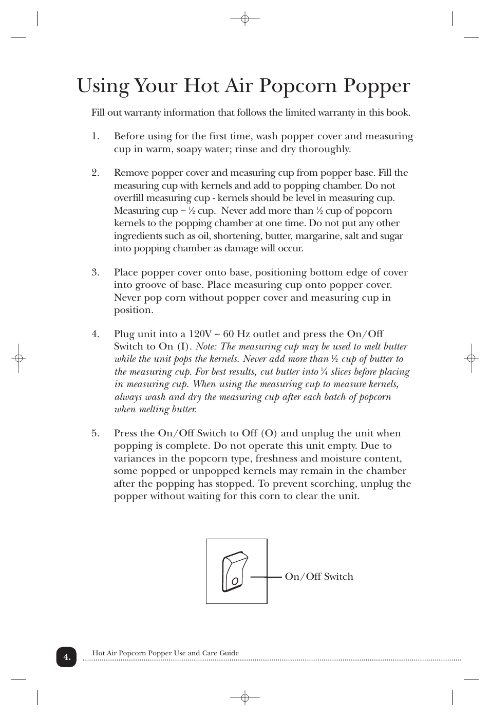 Using your hot air popcorn popper | Toastmaster 6202 User Manual | Page 5 / 10