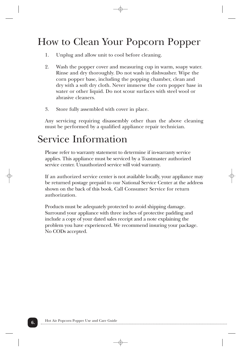 How to clean your popcorn popper, Service information | Toastmaster 6202 User Manual | Page 7 / 10