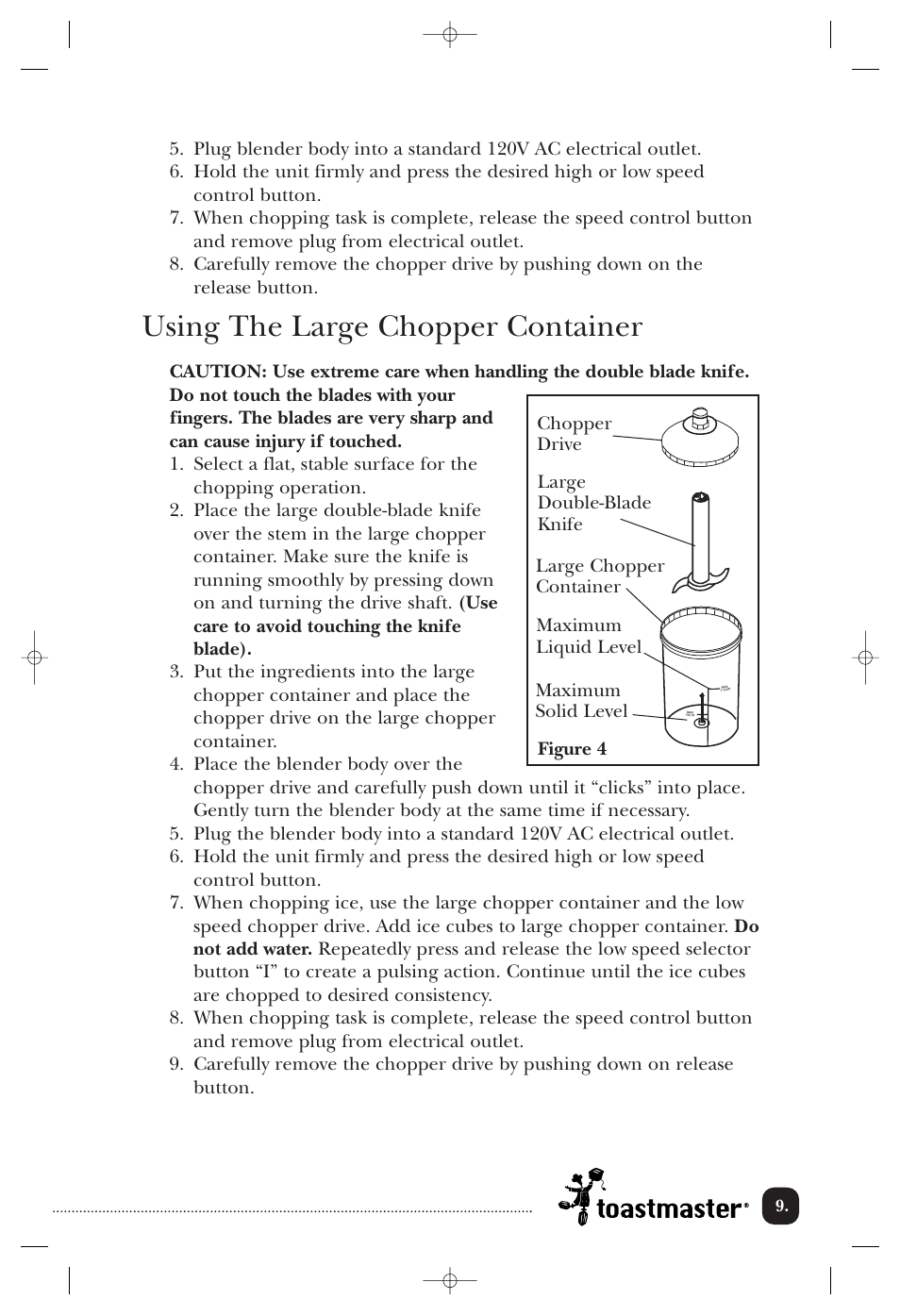 Using the large chopper container | Toastmaster 1750 User Manual | Page 10 / 25