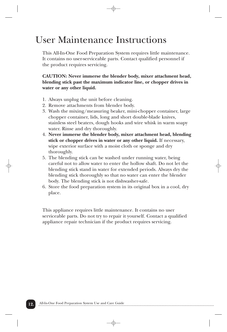 User maintenance instructions | Toastmaster 1750 User Manual | Page 13 / 25