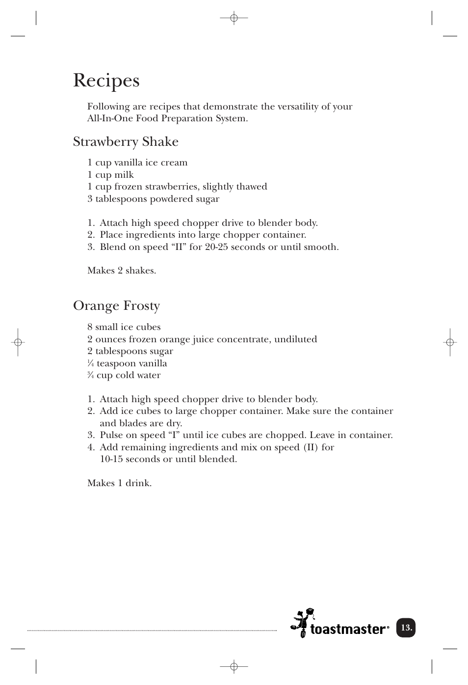 Recipes, Strawberry shake, Orange frosty | Toastmaster 1750 User Manual | Page 14 / 25