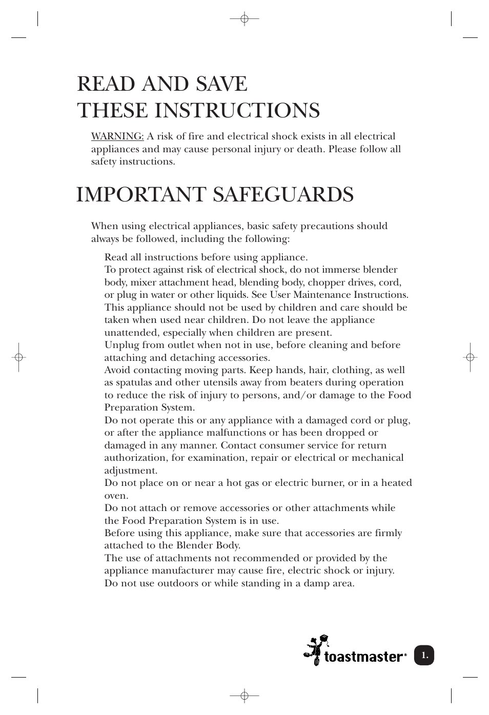 Read and save these instructions, Important safeguards | Toastmaster 1750 User Manual | Page 2 / 25