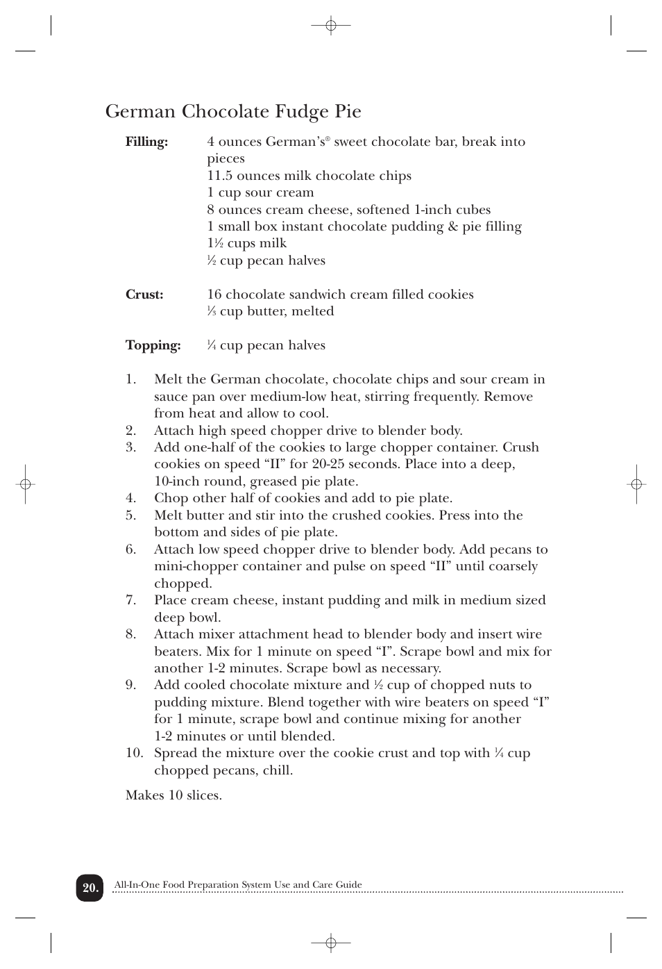 German chocolate fudge pie | Toastmaster 1750 User Manual | Page 21 / 25