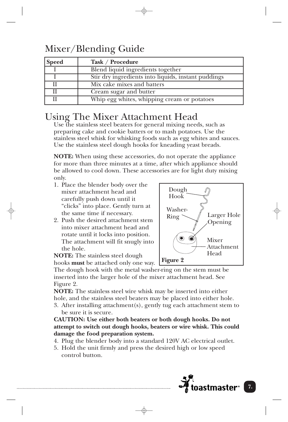 Using the mixer attachment head, Mixer/blending guide | Toastmaster 1750 User Manual | Page 8 / 25
