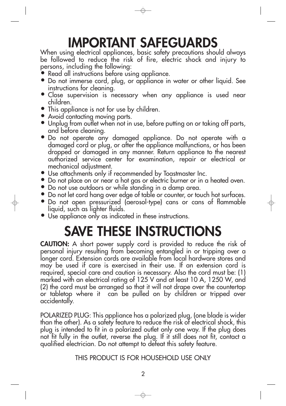 Important safeguards, Save these instructions | Toastmaster 2238 User Manual | Page 2 / 6