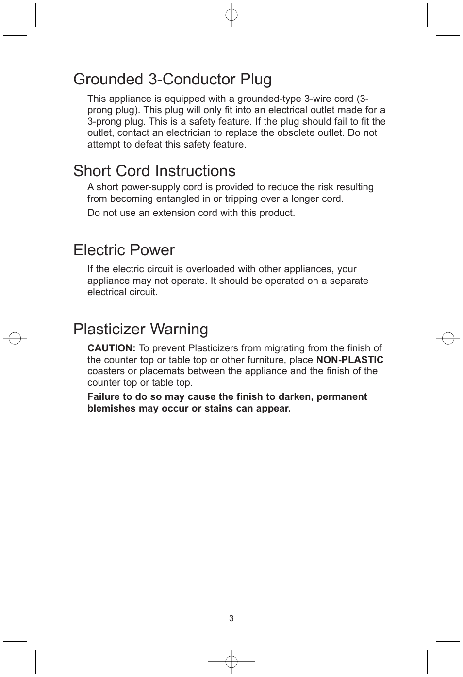 Grounded 3-conductor plug, Short cord instructions, Electric power | Plasticizer warning | Toastmaster TMHP4 User Manual | Page 4 / 9