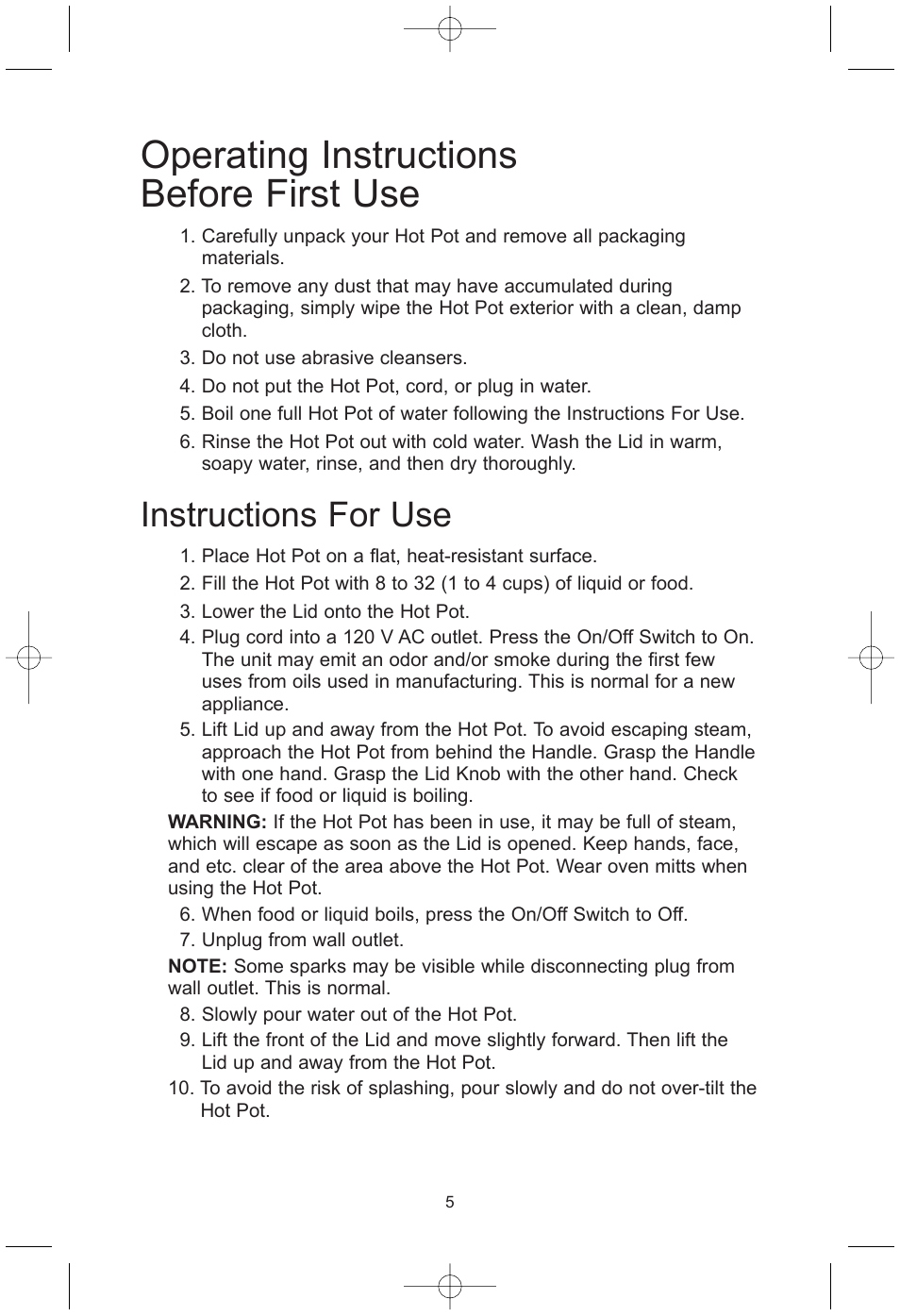 Operating instructions before first use, Instructions for use | Toastmaster TMHP4 User Manual | Page 6 / 9