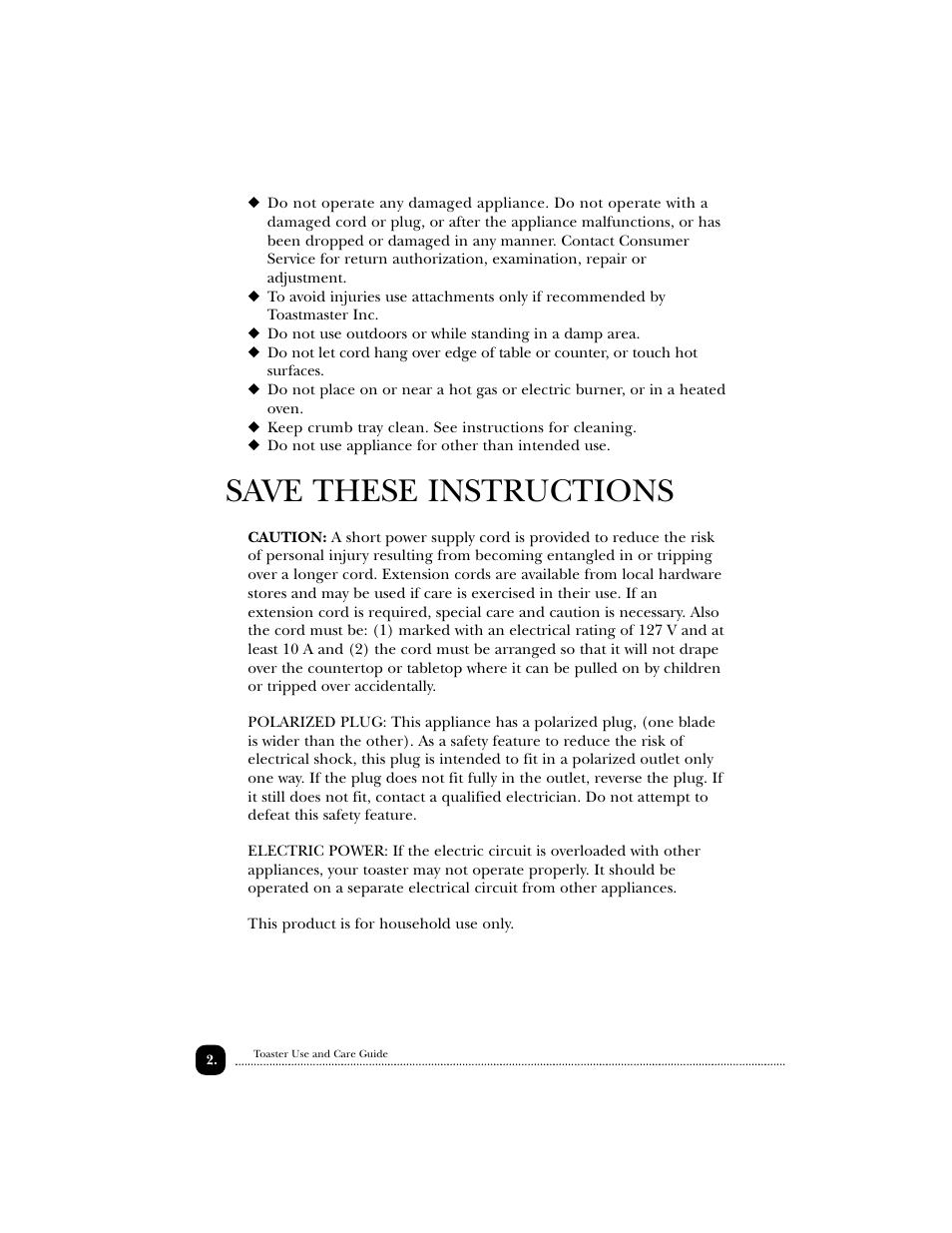 Save these instructions | Toastmaster T2000W User Manual | Page 3 / 9
