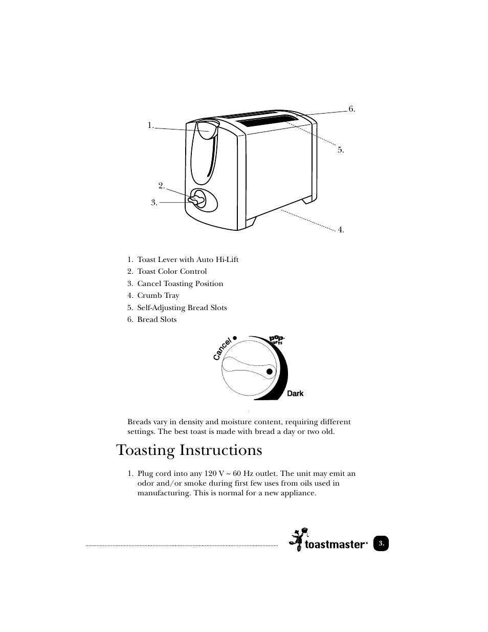 Toasting instructions | Toastmaster T2000W User Manual | Page 4 / 9