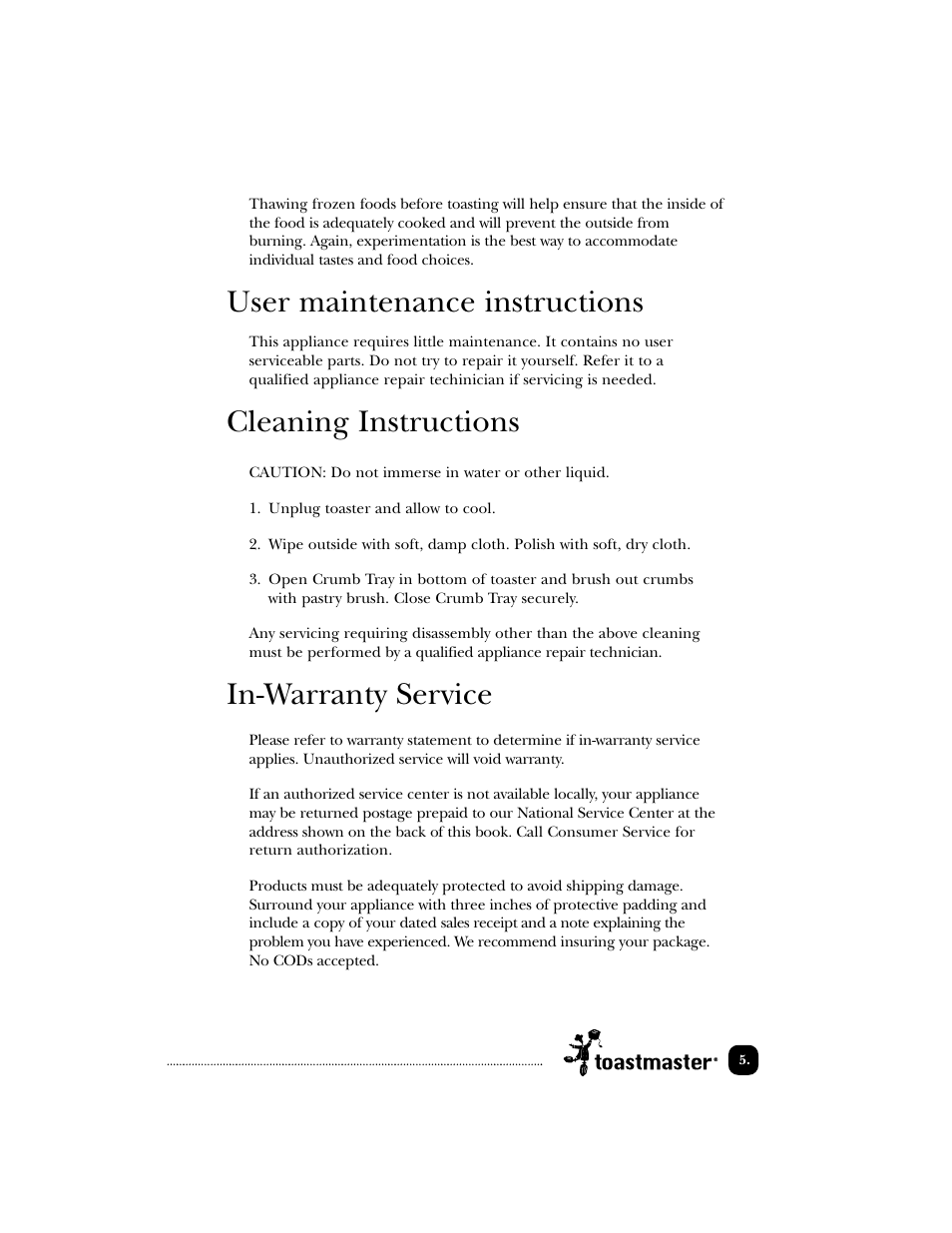 User maintenance instructions, Cleaning instructions, In-warranty service | Toastmaster T2000W User Manual | Page 6 / 9