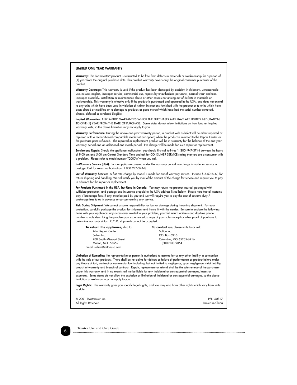 Toastmaster T2000W User Manual | Page 7 / 9