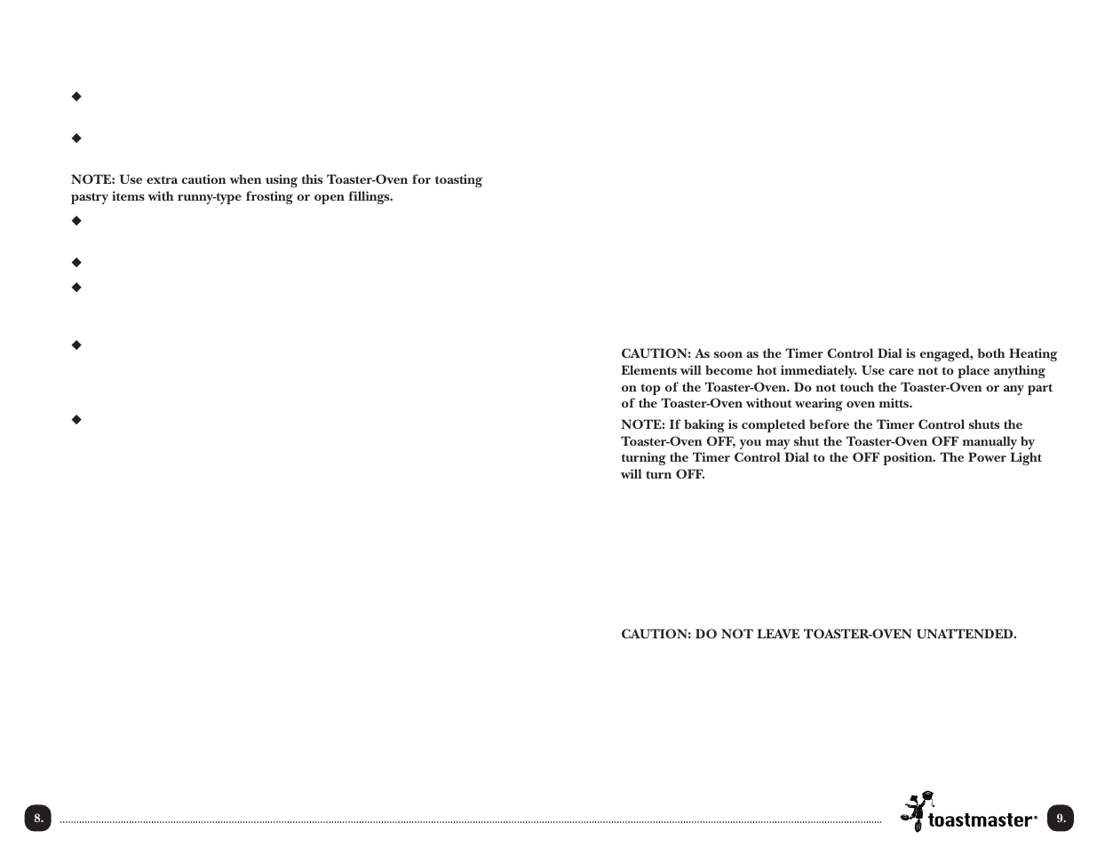 Instructions for bake, Hints for toast | Toastmaster TOV2W T User Manual | Page 11 / 16