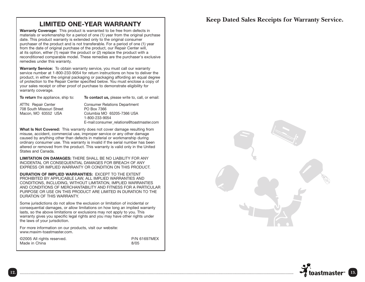 Keep dated sales receipts for warranty service, Limited one-year warranty | Toastmaster TOV2W T User Manual | Page 15 / 16