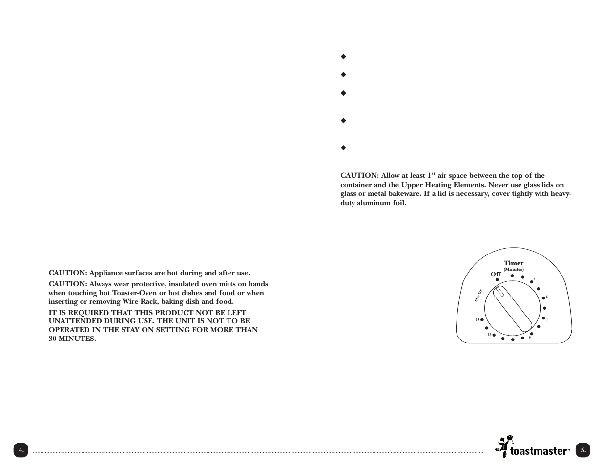 Cooking containers, Timer control dial, Operating instructions | Before first use | Toastmaster TOV2W T User Manual | Page 6 / 16