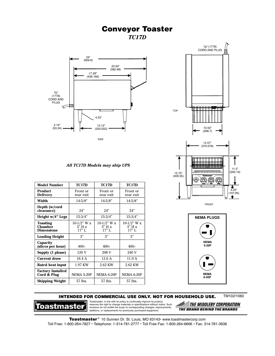 Conveyor toaster, Tc17d | Toastmaster TC17D3663 User Manual | Page 2 / 2