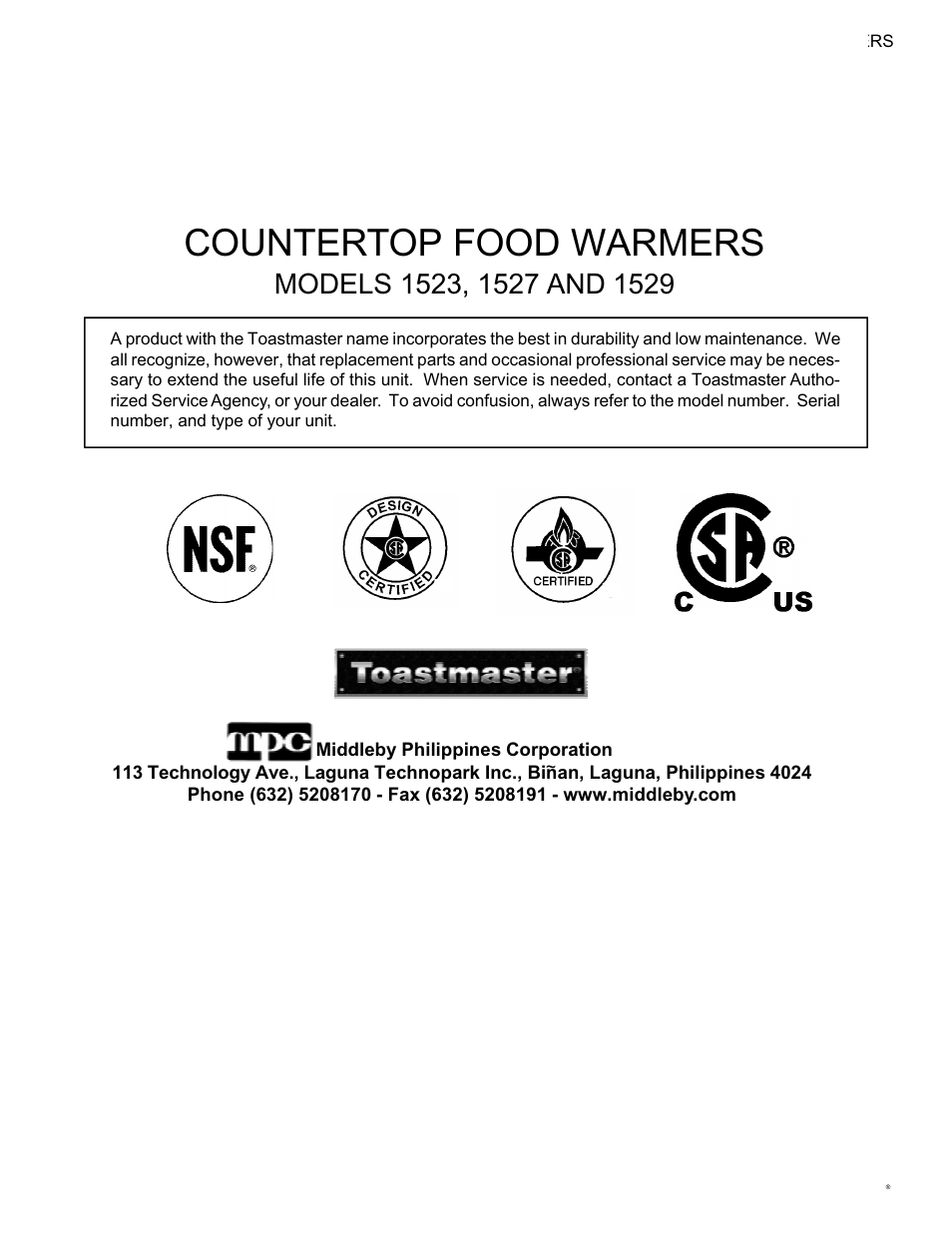 Countertop food warmers | Toastmaster TECF1527 User Manual | Page 15 / 16