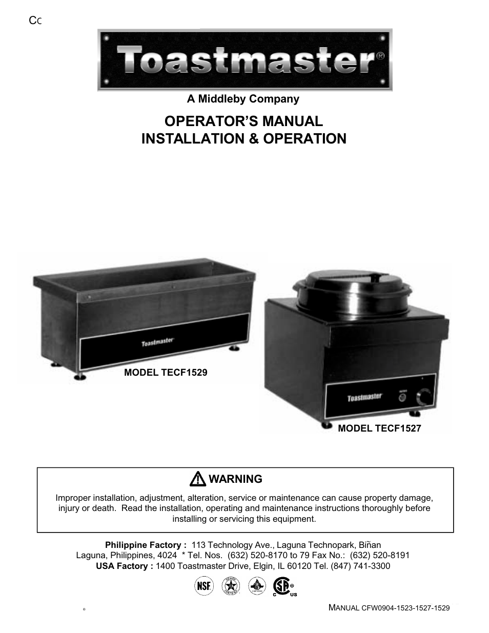Countertop food warmers, Operator’s manual installation & operation | Toastmaster TECF1527 User Manual | Page 16 / 16