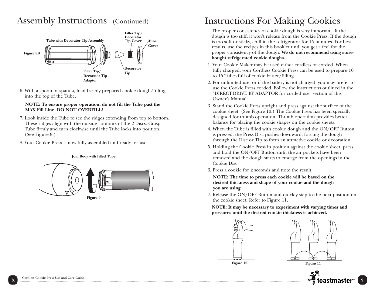 Instructions for making cookies, Assembly instructions, Continued) | Toastmaster TMCKM2S User Manual | Page 10 / 30