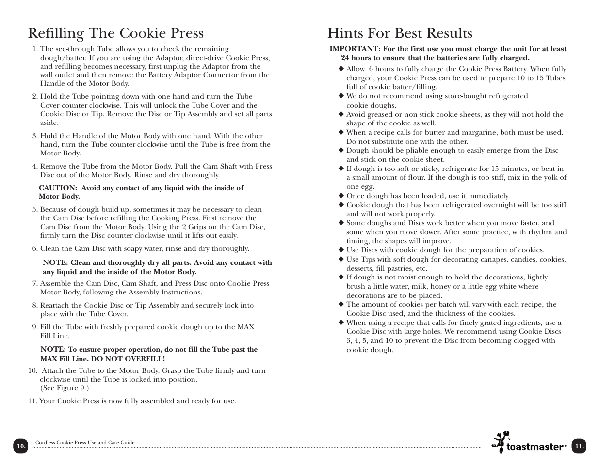 Hints for best results, Refilling the cookie press | Toastmaster TMCKM2S User Manual | Page 13 / 30