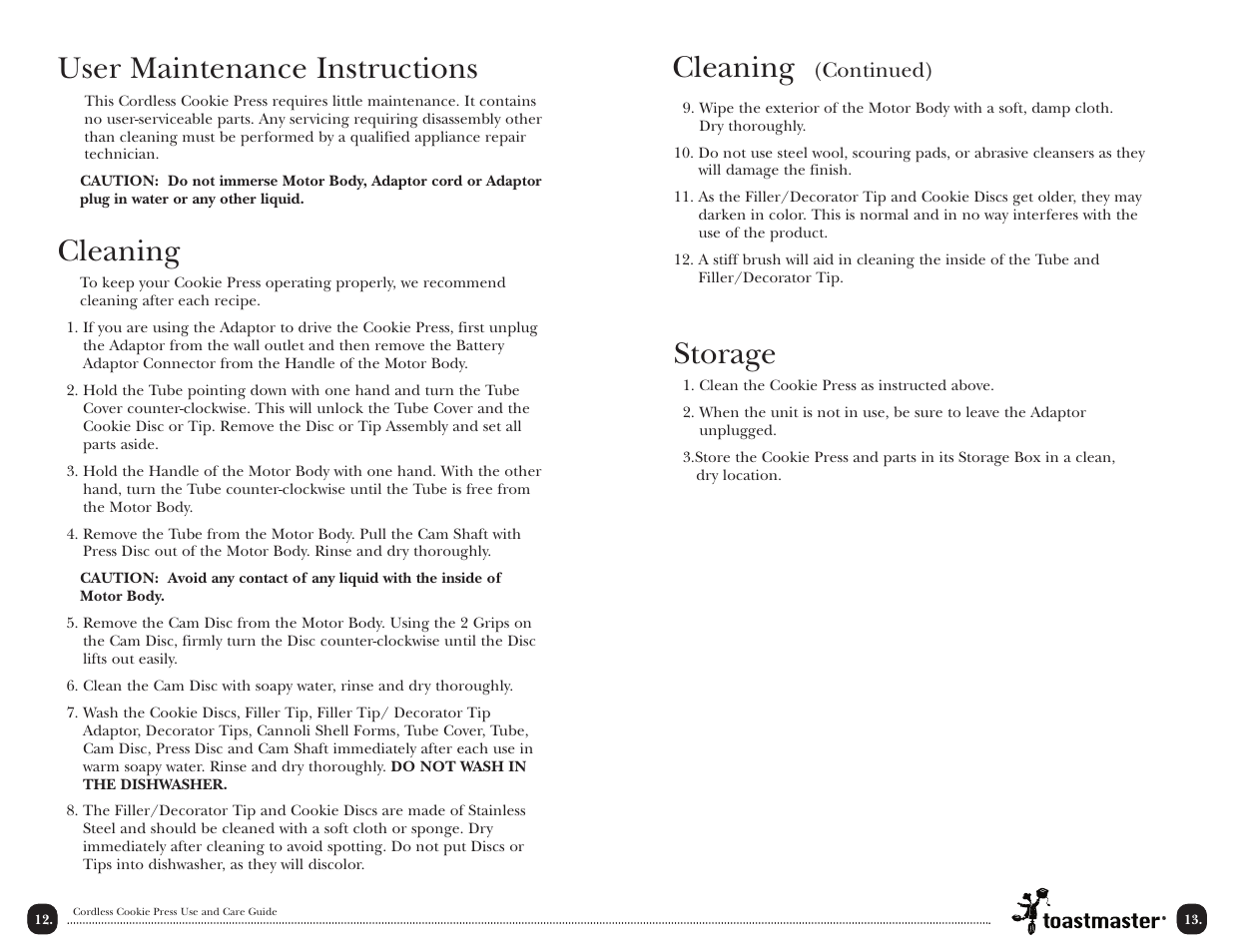 Storage, User maintenance instructions, Cleaning | Toastmaster TMCKM2S User Manual | Page 15 / 30