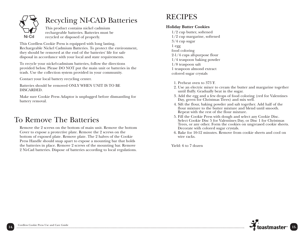 Recipes, Recycling ni-cad batteries | Toastmaster TMCKM2S User Manual | Page 17 / 30