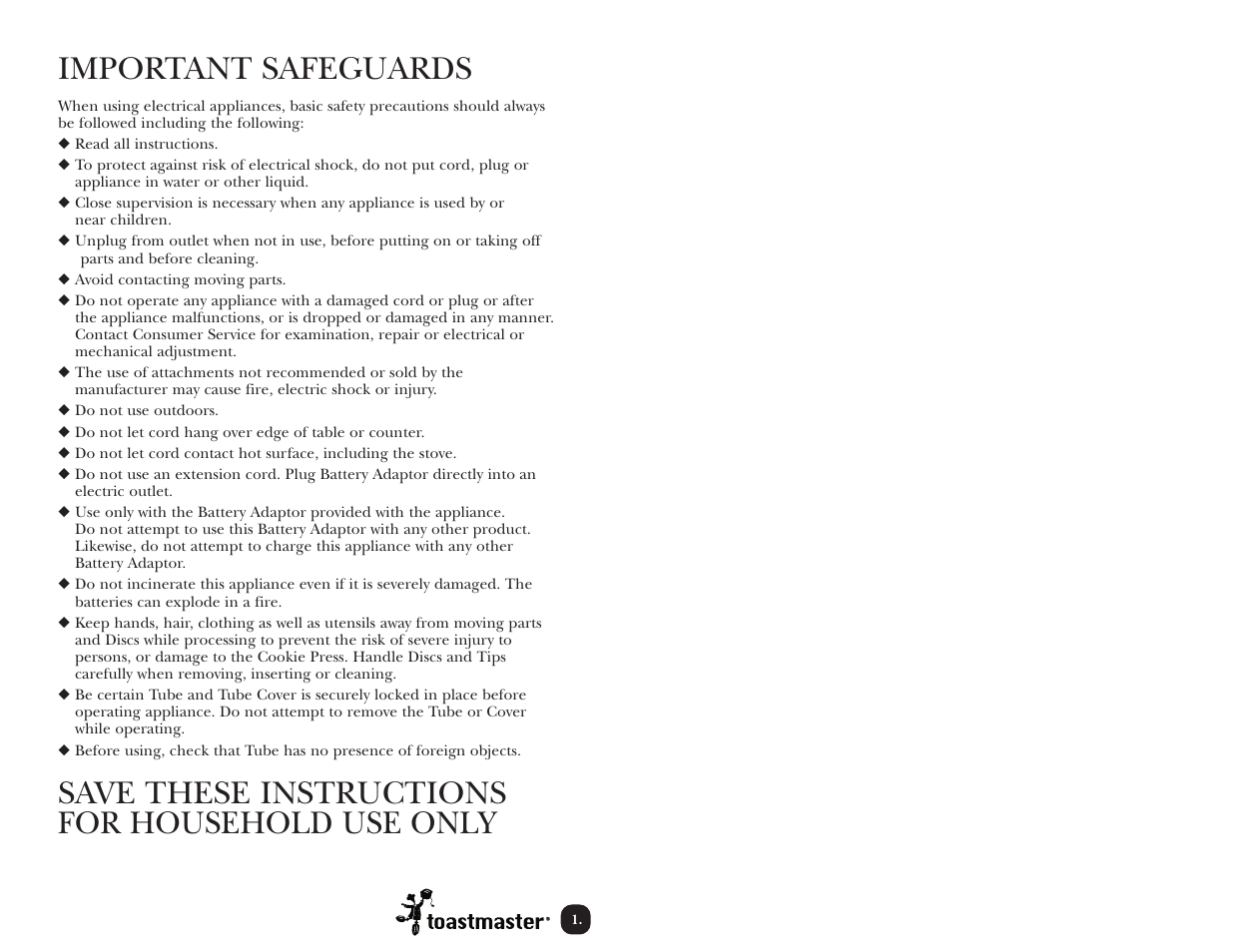 Important safeguards, Save these instructions for household use only | Toastmaster TMCKM2S User Manual | Page 2 / 30