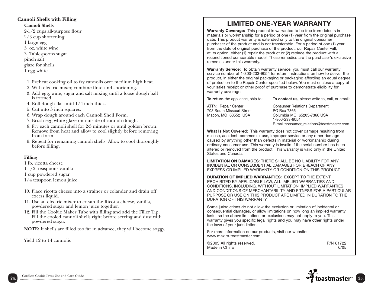 Limited one-year warranty | Toastmaster TMCKM2S User Manual | Page 26 / 30