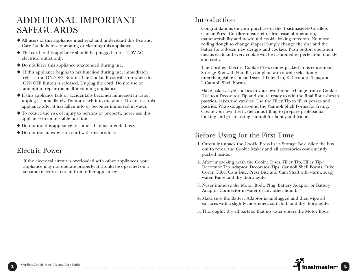 Additional important safeguards, Introduction, Before using for the first time | Electric power | Toastmaster TMCKM2S User Manual | Page 4 / 30