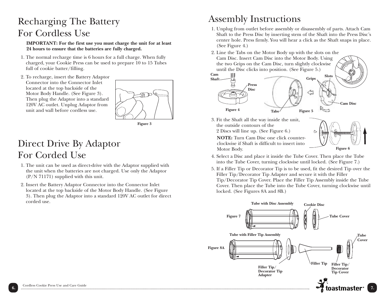 Recharging the battery for cordless use, Direct drive by adaptor for corded use, Assembly instructions | Toastmaster TMCKM2S User Manual | Page 8 / 30