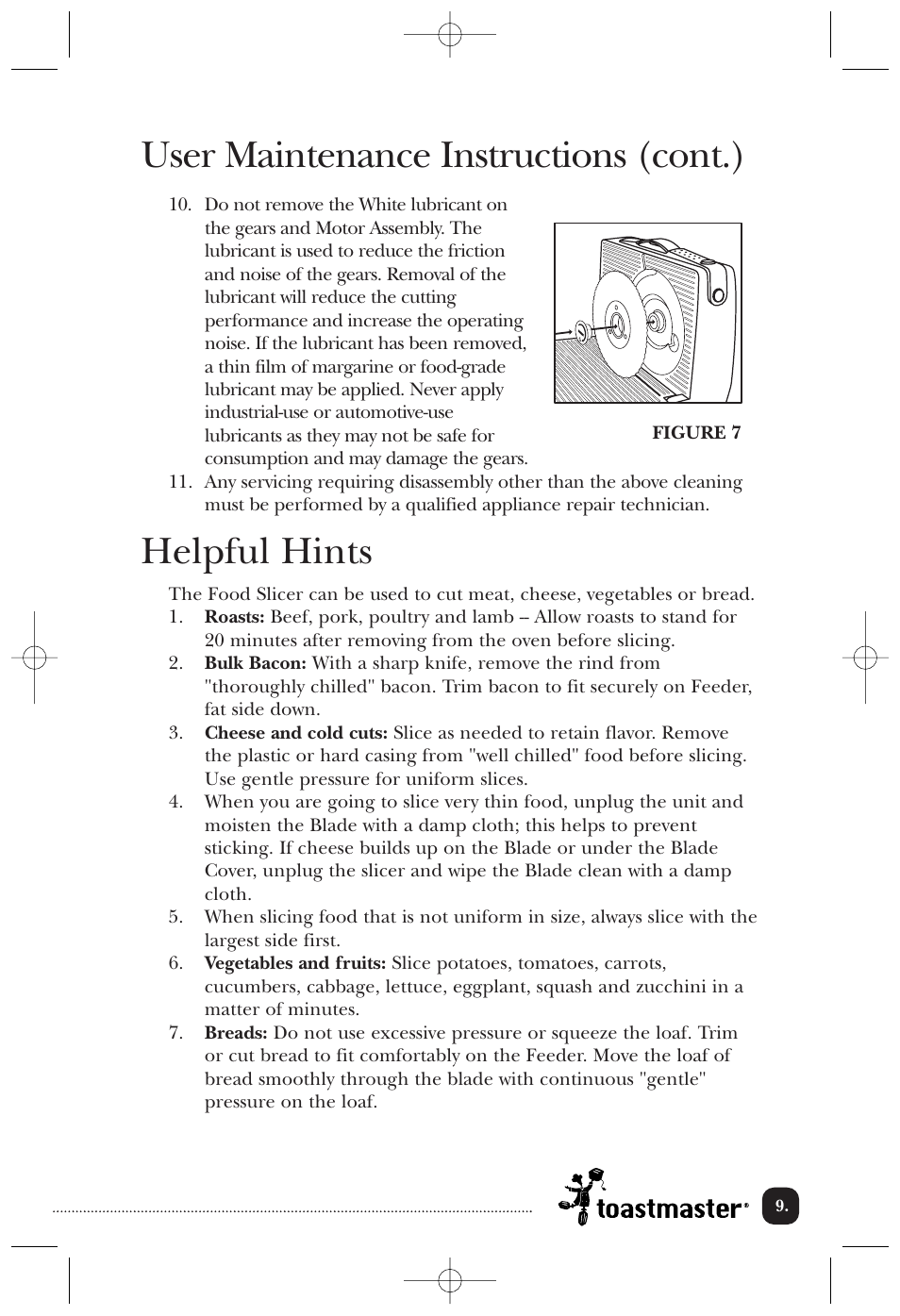 User maintenance instructions (cont.), Helpful hints | Toastmaster TMFS2B User Manual | Page 10 / 14