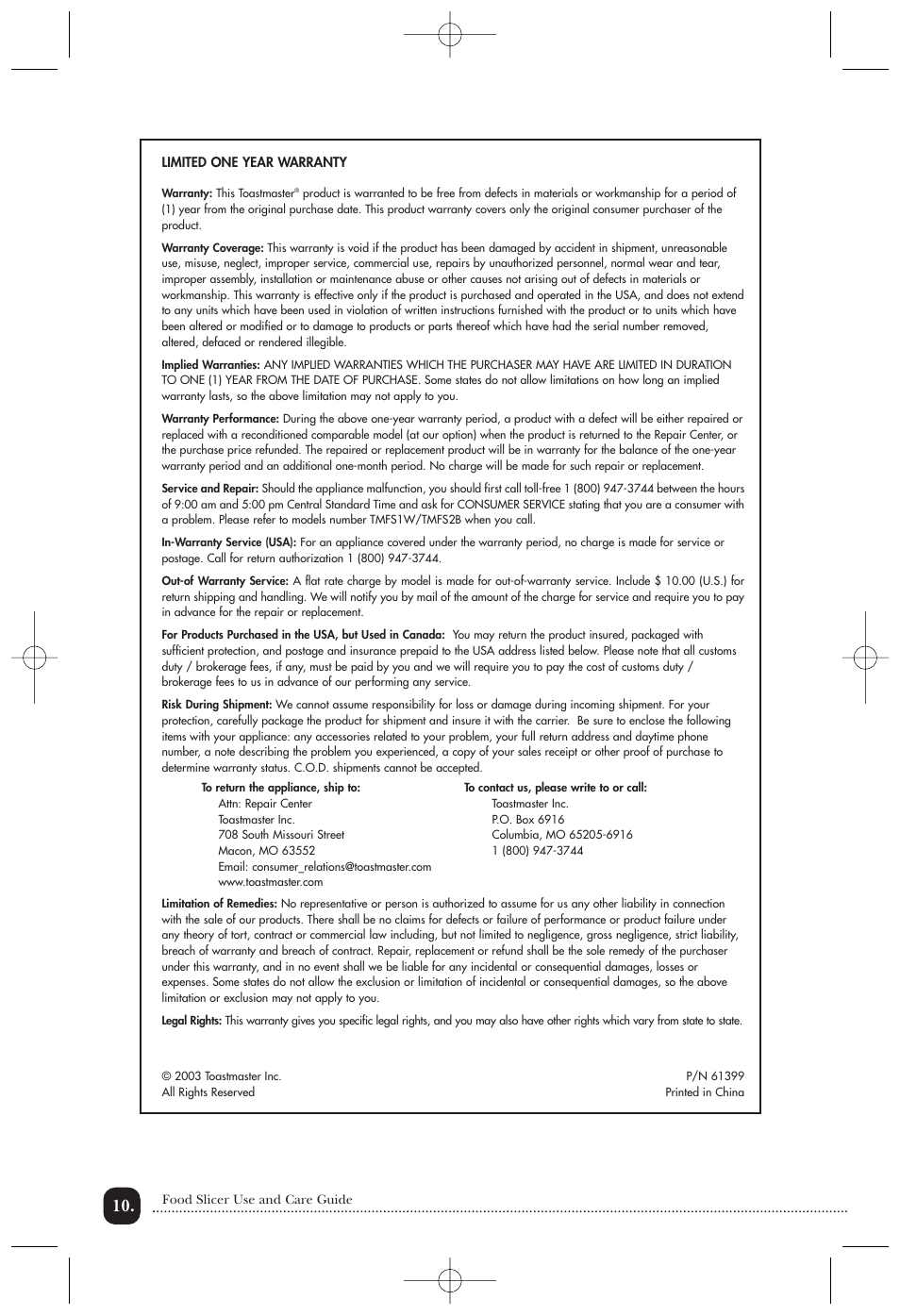 Toastmaster TMFS2B User Manual | Page 11 / 14