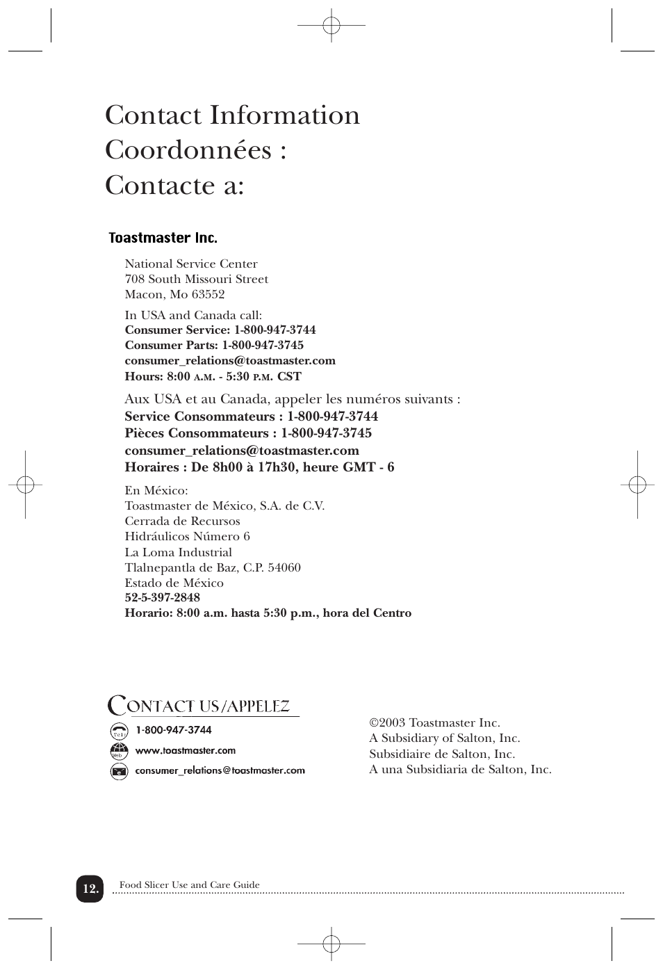 Contact information coordonnées : contacte a | Toastmaster TMFS2B User Manual | Page 13 / 14