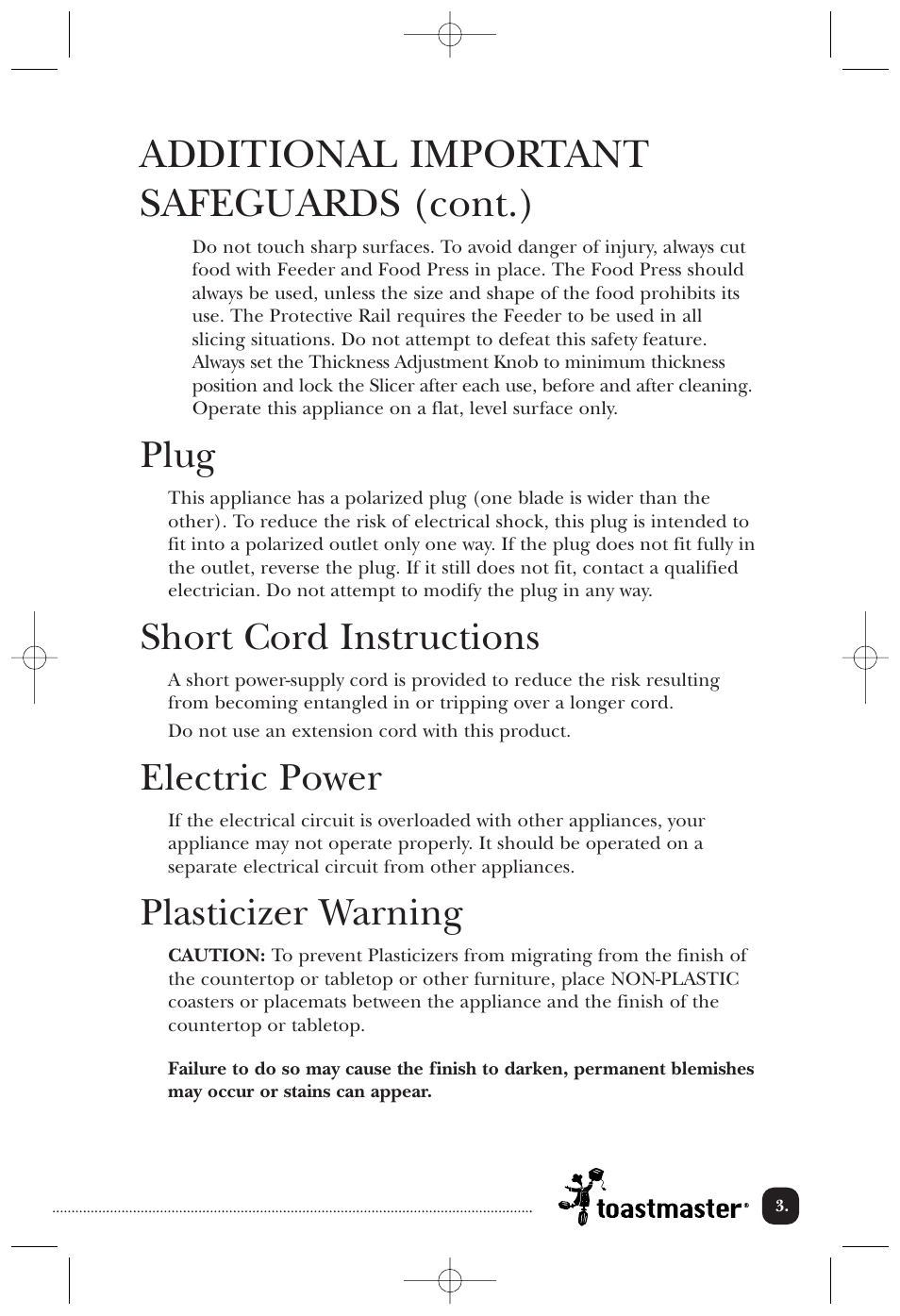 Additional important safeguards (cont.), Plug, Short cord instructions | Electric power, Plasticizer warning | Toastmaster TMFS2B User Manual | Page 4 / 14