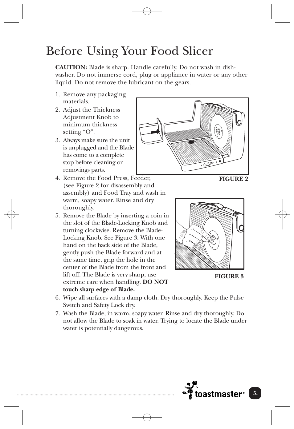 Before using your food slicer | Toastmaster TMFS2B User Manual | Page 6 / 14