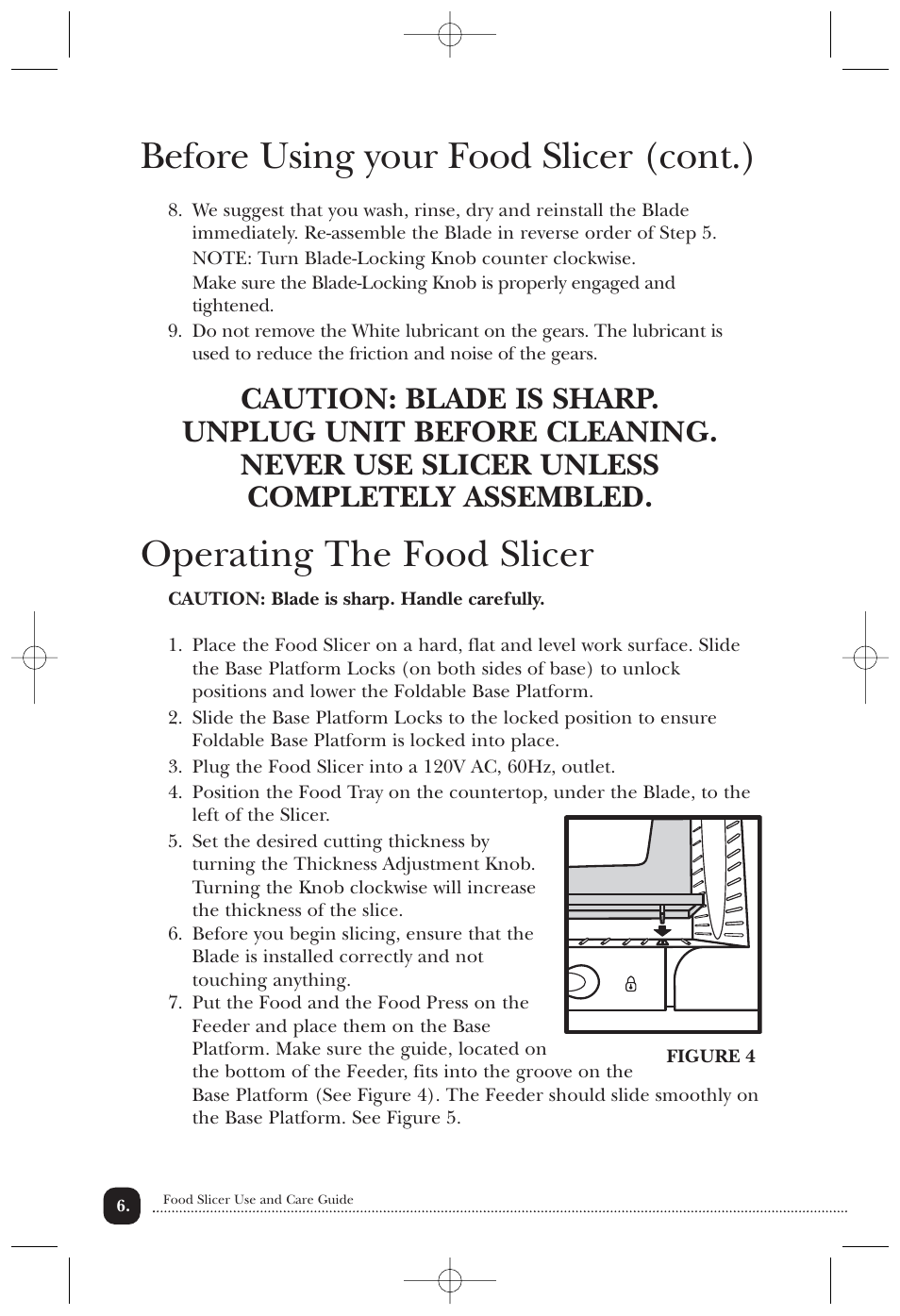 Before using your food slicer (cont.), Operating the food slicer | Toastmaster TMFS2B User Manual | Page 7 / 14