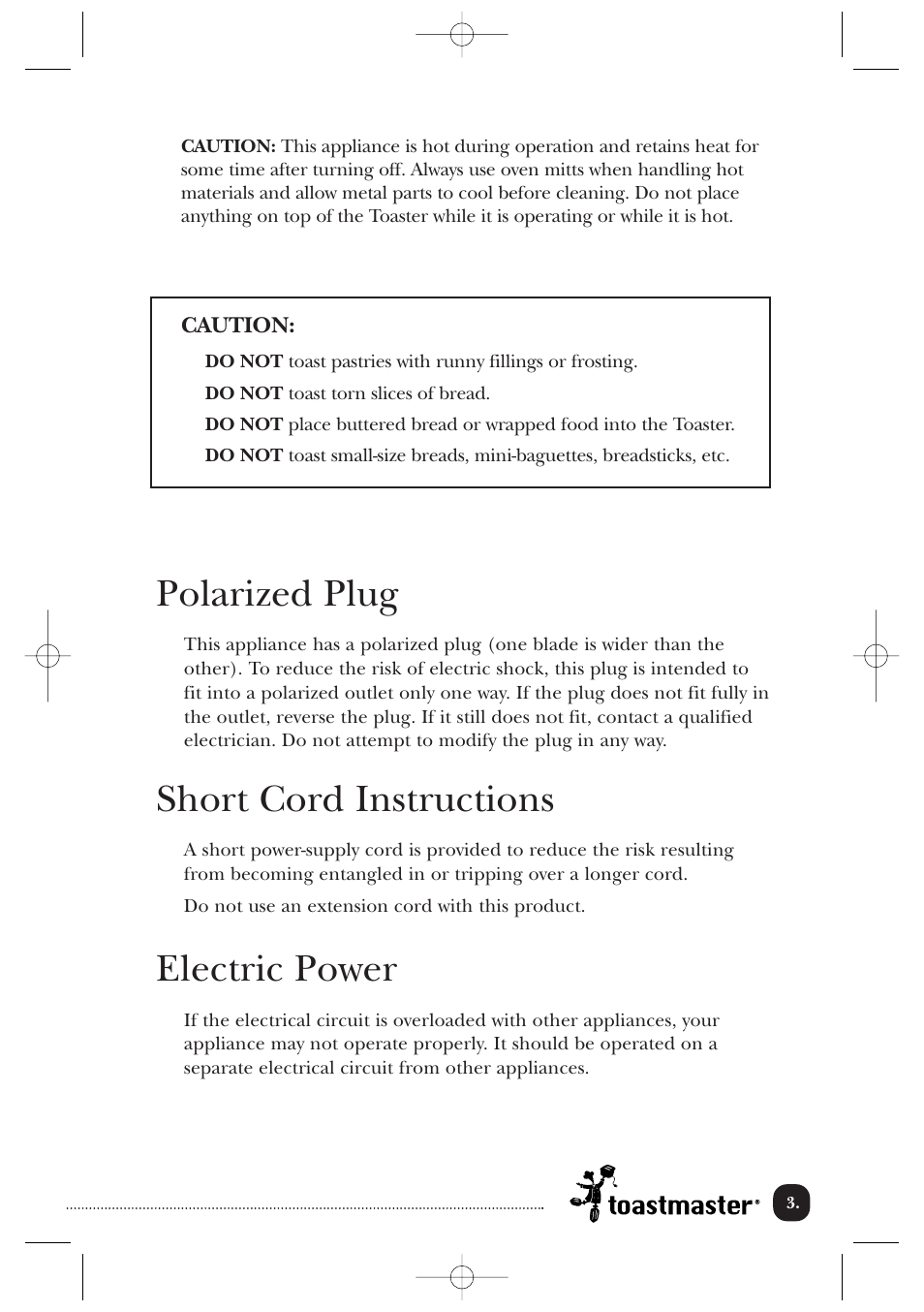 Polarized plug, Short cord instructions, Electric power | Toastmaster B604ABCAN User Manual | Page 4 / 9