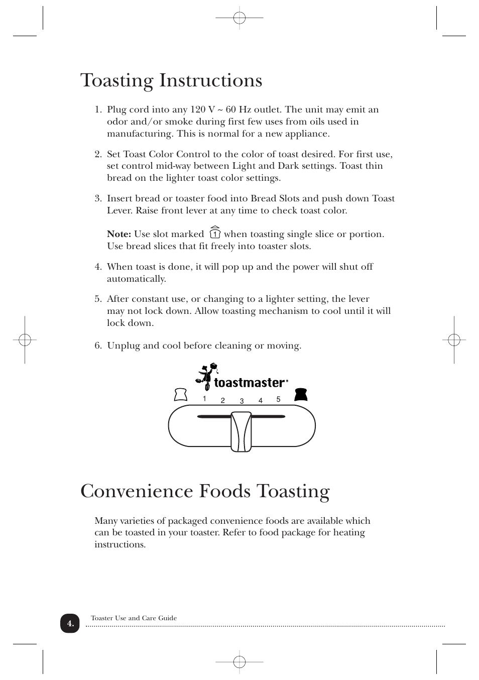 Toasting instructions, Convenience foods toasting | Toastmaster B604ABCAN User Manual | Page 5 / 9