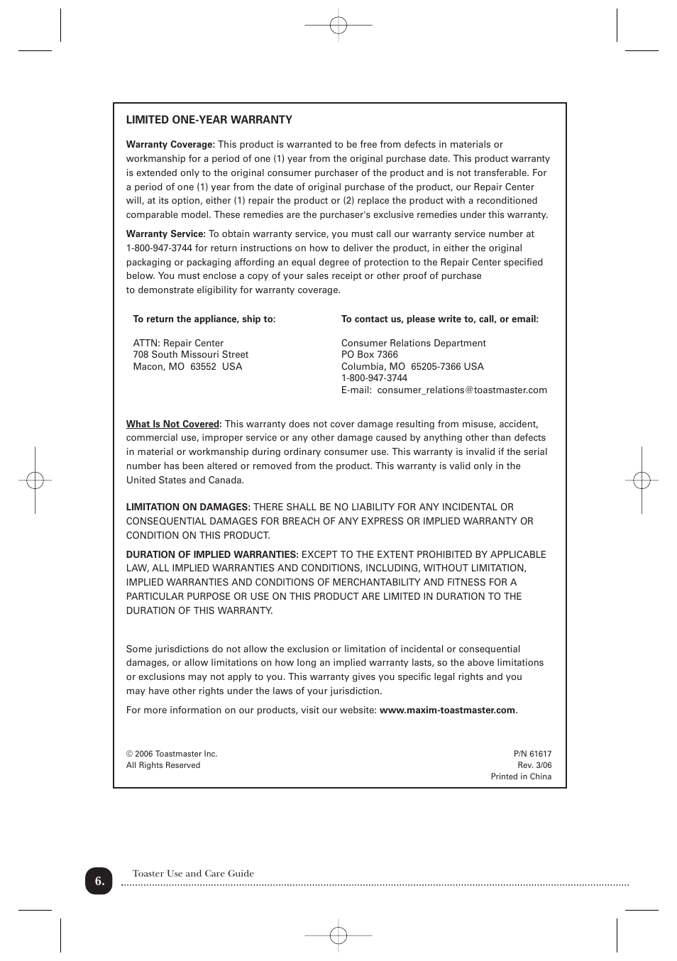 Toastmaster B604ABCAN User Manual | Page 7 / 9