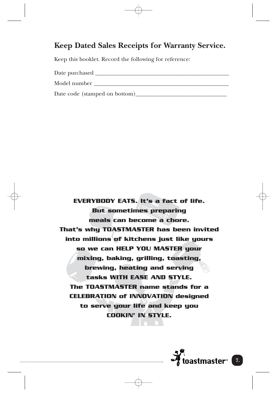 Keep dated sales receipts for warranty service | Toastmaster B604ABCAN User Manual | Page 8 / 9