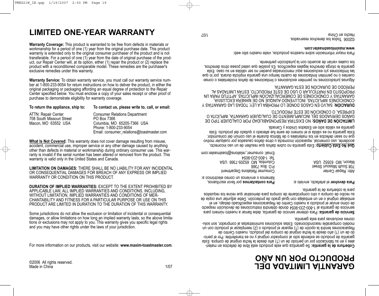 Limited one-year warranty, Garantíalimit adadel producto por un año | Toastmaster TMEG21W User Manual | Page 10 / 10