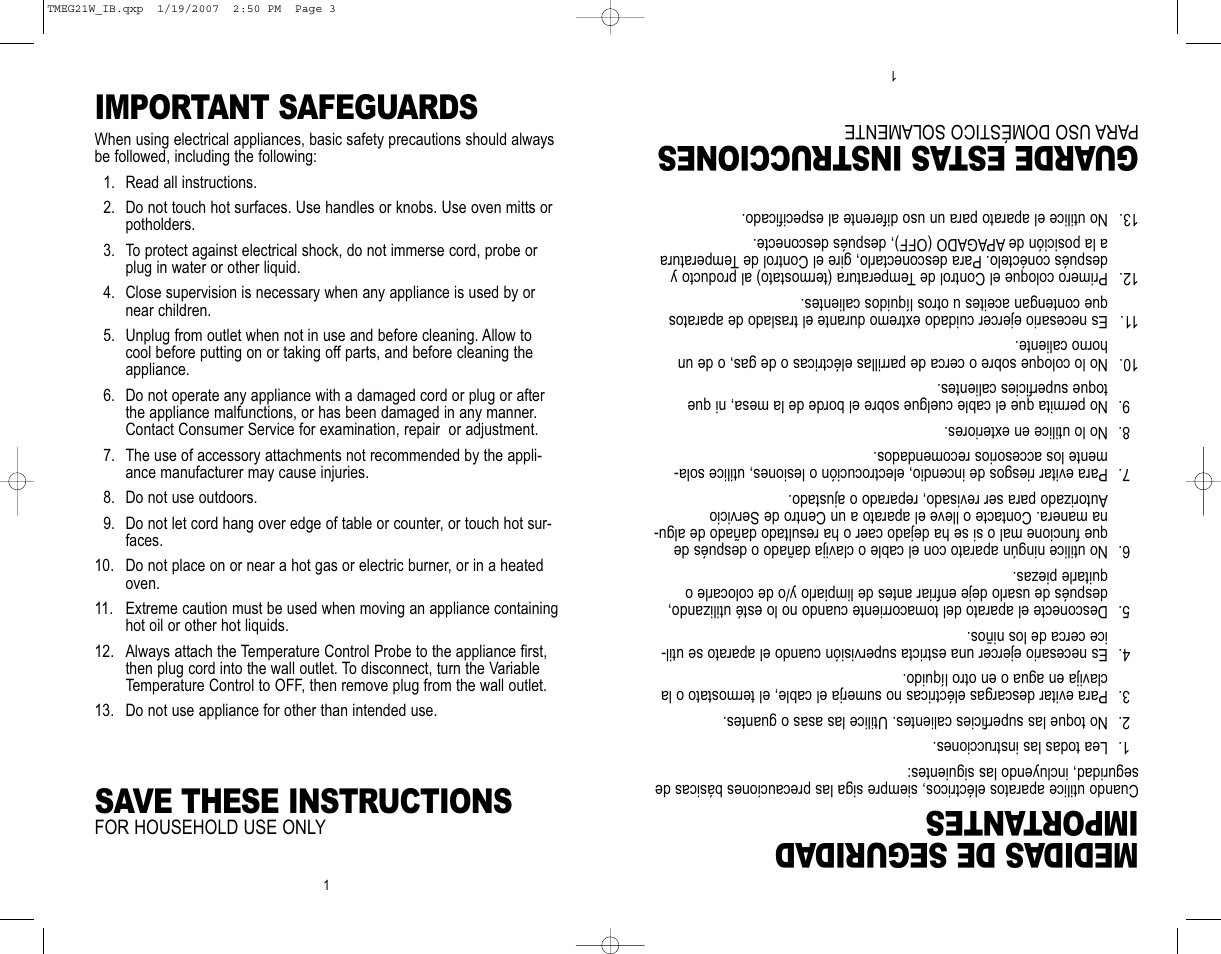 Medidas de segurid ad import antes, Guarde est as instrucciones, Important safeguards | Save these instructions | Toastmaster TMEG21W User Manual | Page 2 / 10