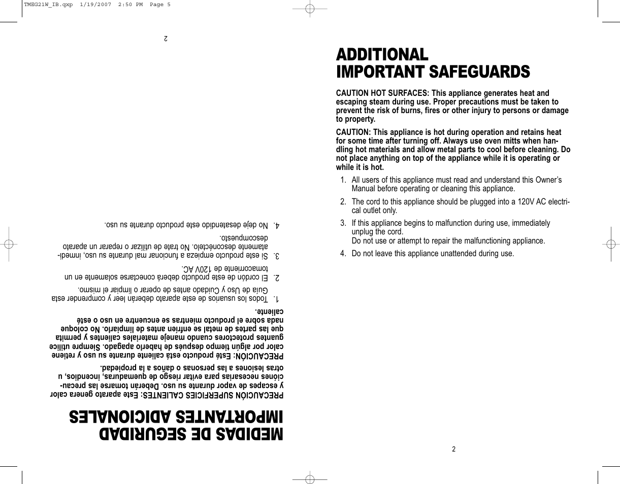 Additional important safeguards, Medidas de segurid ad import antes adicionales | Toastmaster TMEG21W User Manual | Page 3 / 10