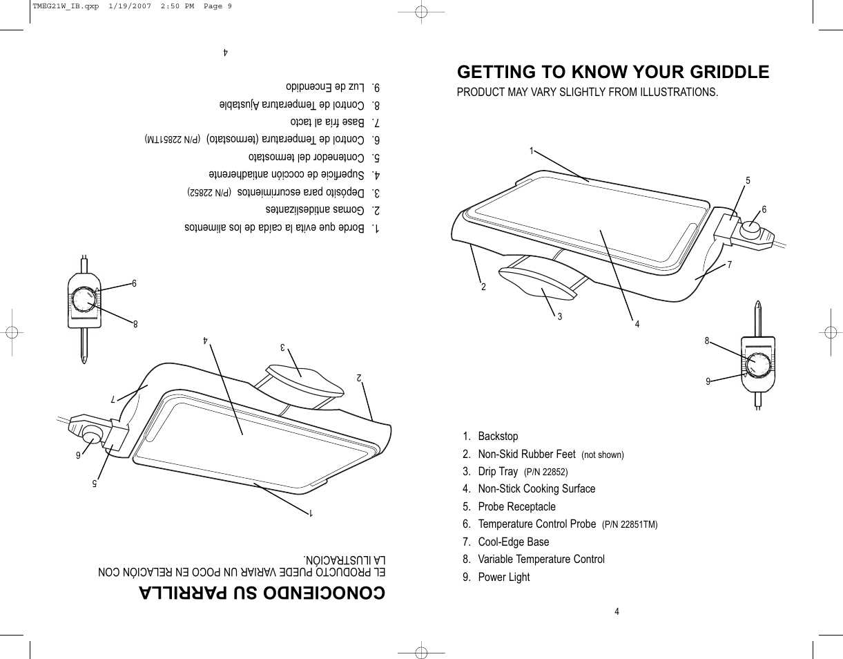 Getting to know your griddle, Conociendo su parrilla | Toastmaster TMEG21W User Manual | Page 5 / 10